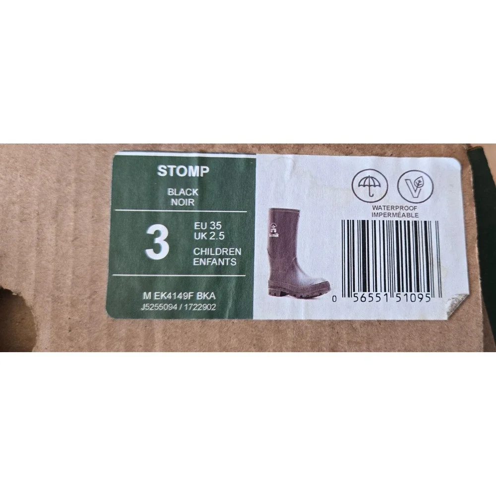 Kamik Stomp Kids Black Waterproof Rain Boots Size 3 EK4149F BKA Made in Canada